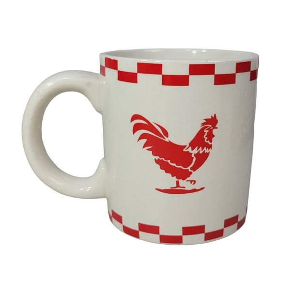 2/$15 Rooster Chicken Mug White Red 4.5" Large Oversized Farm Checkerboard READ - Picture 2 of 12